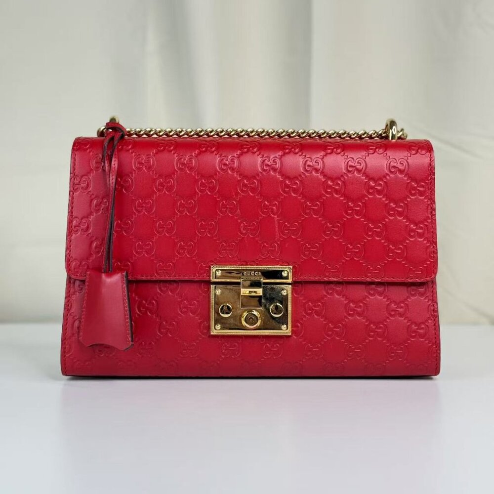 Gucci GG Logo Printed Red Leather Small Padlock Shoulder Bag with Gold Hardware